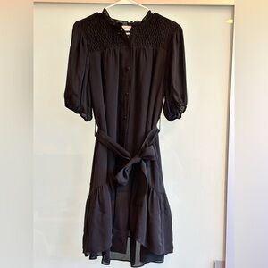 Christy Lynn Black Midi Button Up silk Dress with Tie Waist in Medium